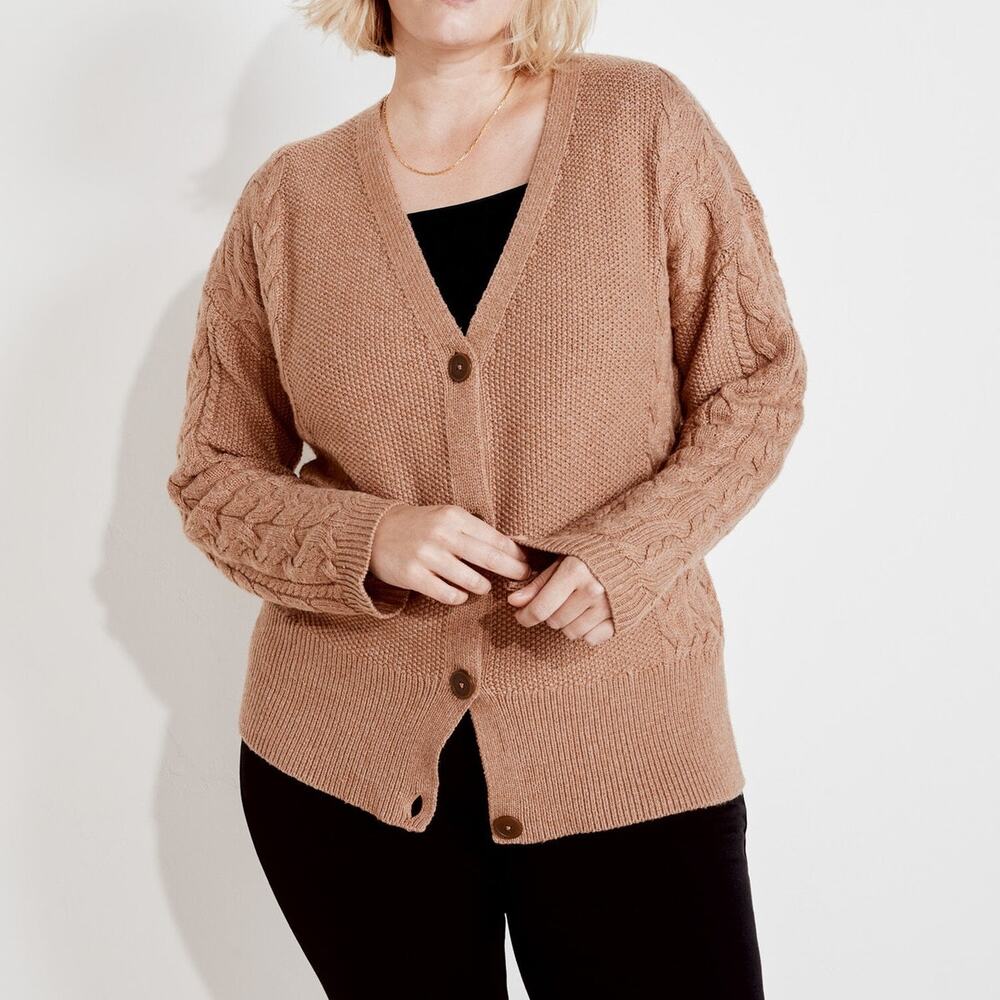 Cozy Cable Knit V-Neck Cardigan - Camel